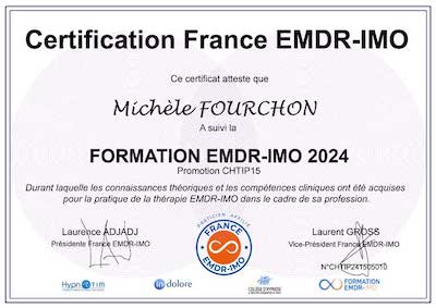 Le Diplôme Officiel en EMDR du Dr Michèle FOURCHON, hypnothérapeute.