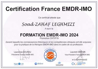 Le Diplôme Officiel EN EMDR du Dr Soad ZAHAF-LEGHMIZI, Médecin Psychiatre et Hypnothérapeute.